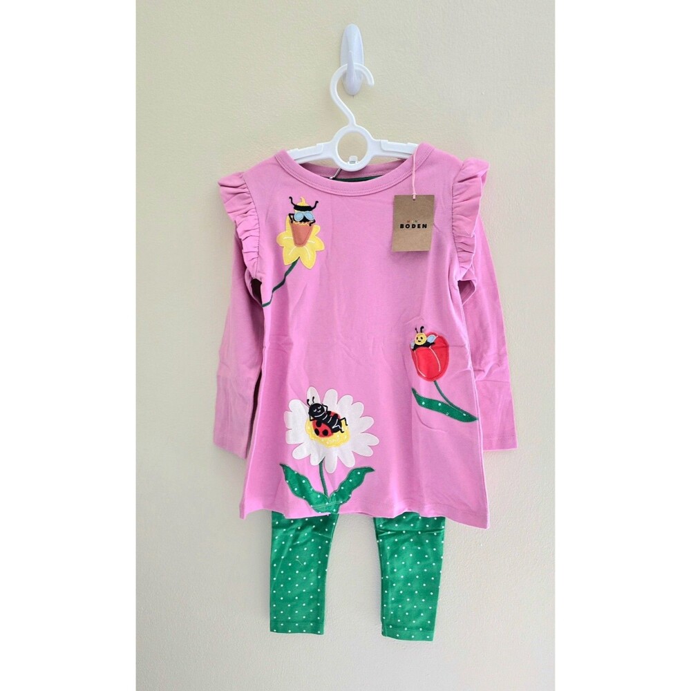 NWOT Mini Boden Appliqué Tunic and Leggings Set-Vintage Mauve Bugs